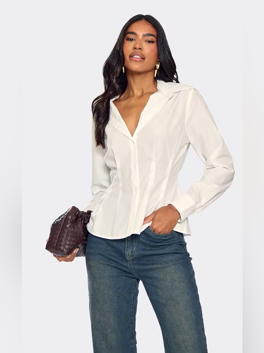 New York & Company White Tailored Button-Down Shirt